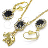Oro Laminado Earring and Pendant Adult Set, Gold Filled Style Elephant Design, with Black and White Crystal, Polished, Golden Finish, 10.122.0007.1