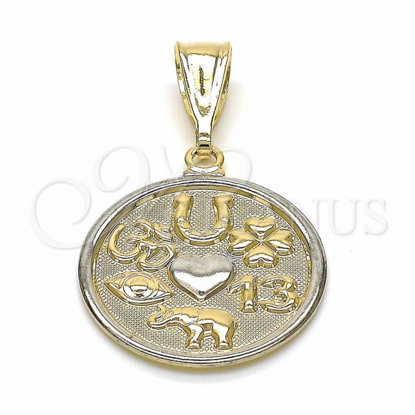 Oro Laminado Religious Pendant, Gold Filled Style Four-leaf Clover and Evil Eye Design, Matte Finish, Two Tone, 03.32.0245