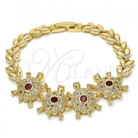 Oro Laminado Fancy Bracelet, Gold Filled Style Turtle and Leaf Design, with Garnet and White Cubic Zirconia, Polished, Golden Finish, 03.266.0026.3.07