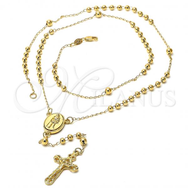 Oro Laminado Medium Rosary, Gold Filled Style San Lazaro and Crucifix Design, Polished, Golden Finish, 5.214.005.1