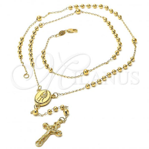 Oro Laminado Medium Rosary, Gold Filled Style San Lazaro and Crucifix Design, Polished, Golden Finish, 5.214.005.1