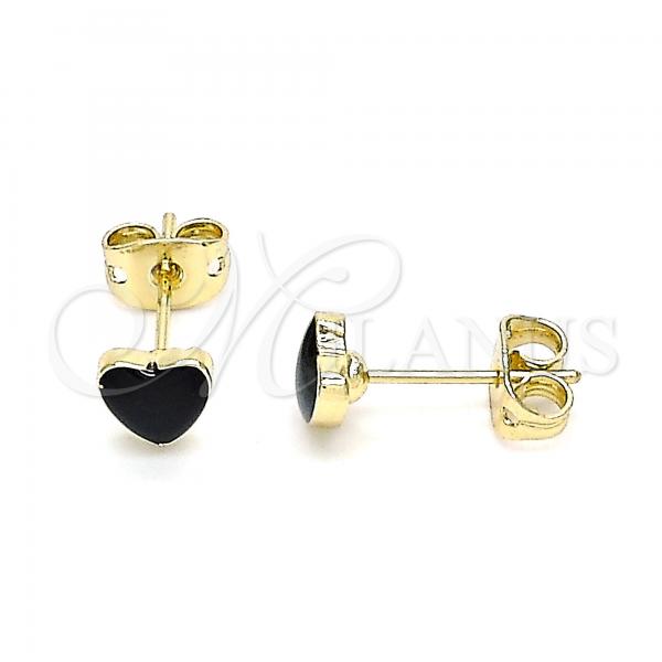 Oro Laminado Stud Earring, Gold Filled Style Heart Design, Black Enamel Finish, Golden Finish, 02.213.0292