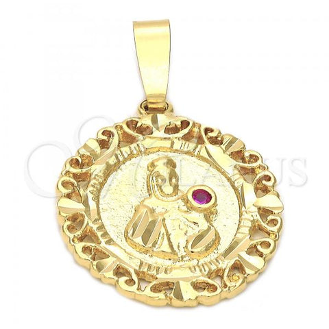 Oro Laminado Religious Pendant, Gold Filled Style Santa Barbara Design, with Ruby Cubic Zirconia, Diamond Cutting Finish, Golden Finish, 5.184.017