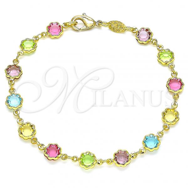 Oro Laminado Fancy Bracelet, Gold Filled Style Flower Design, with Multicolor Cubic Zirconia, Polished, Golden Finish, 03.386.0003.07