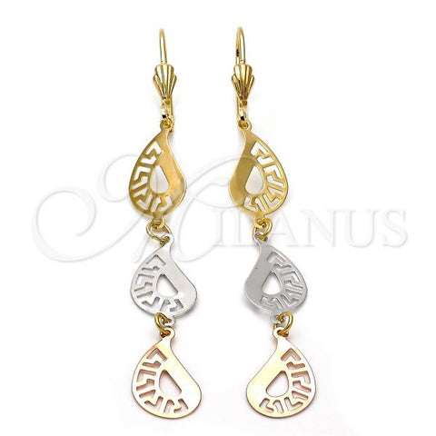 Oro Laminado Long Earring, Gold Filled Style Greek Key Design, Polished, Tricolor, 02.63.2268