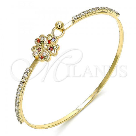 Oro Laminado Individual Bangle, Gold Filled Style Flower and Heart Design, with Multicolor Micro Pave and White Crystal, Polished, Golden Finish, 07.193.0024.1.04 (02 MM Thickness, Size 4 - 2.25 Diameter)