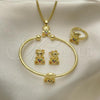 Oro Laminado Earring and Pendant Children Set, Gold Filled Style Teddy Bear and Heart Design, with Multicolor Micro Pave, Polished, Golden Finish, 06.210.0021.1