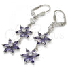 Rhodium Plated Long Earring, Flower Design, with Amethyst and White Cubic Zirconia, Polished, Rhodium Finish, 02.205.0058.7