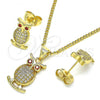 Oro Laminado Earring and Pendant Adult Set, Gold Filled Style Owl Design, with White Micro Pave and Garnet Cubic Zirconia, Polished, Golden Finish, 10.156.0375