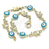 Oro Laminado Fancy Bracelet, Gold Filled Style Evil Eye and Elephant Design, Turquoise Enamel Finish, Golden Finish, 03.351.0107.1.07
