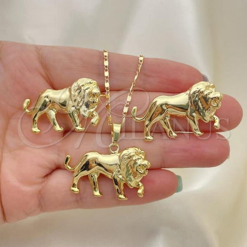 Oro Laminado Earring and Pendant Adult Set, Gold Filled Style Lion Design, Polished, Golden Finish, 10.185.0003