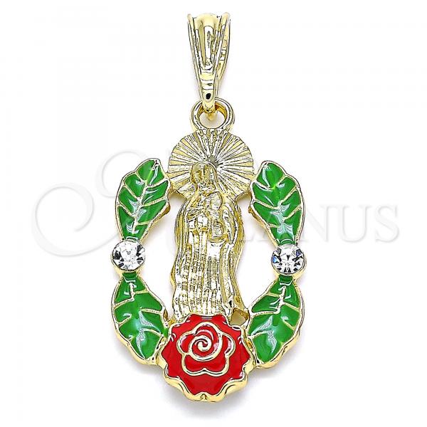 Oro Laminado Religious Pendant, Gold Filled Style Guadalupe and Flower Design, with White Crystal, Multicolor Enamel Finish, Golden Finish, 05.380.0050