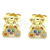 Oro Laminado Stud Earring, Gold Filled Style Teddy Bear Design, with Multicolor Micro Pave, Polished, Golden Finish, 02.210.0403.1