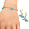 Oro Laminado Earring and Pendant Children Set, Gold Filled Style Elephant Design, with White Crystal, Turquoise Enamel Finish, Golden Finish, 06.60.0006