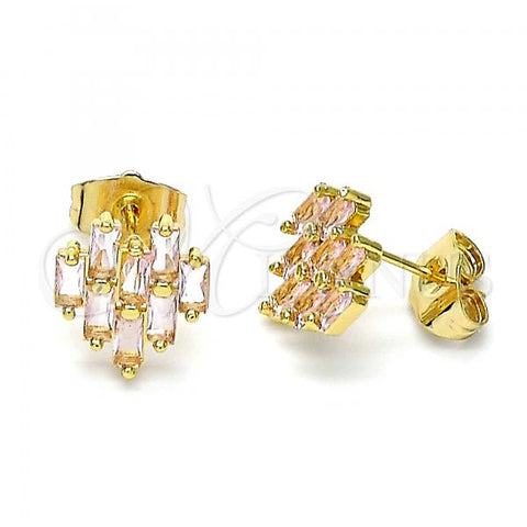 Oro Laminado Stud Earring, Gold Filled Style with Pink Cubic Zirconia, Polished, Golden Finish, 02.310.0053.1