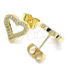 Oro Laminado Stud Earring, Gold Filled Style Heart Design, with White Micro Pave, Polished, Golden Finish, 02.156.0484