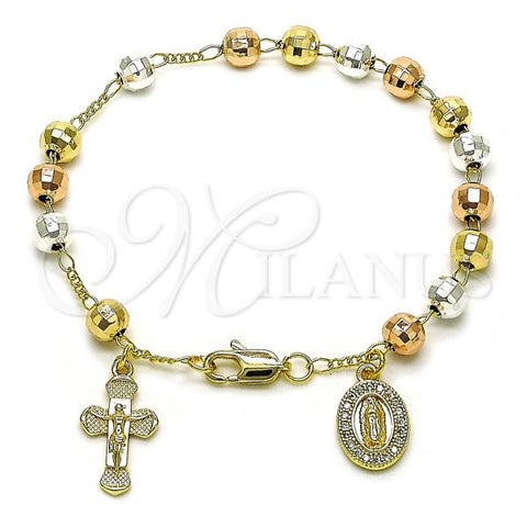 Oro Laminado Fancy Bracelet, Gold Filled Style Guadalupe and Cross Design, with White Micro Pave, Diamond Cutting Finish, Tricolor, 03.253.0111.07