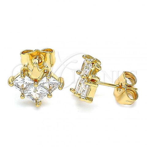 Oro Laminado Stud Earring, Gold Filled Style Crown Design, with White Cubic Zirconia, Polished, Golden Finish, 02.387.0022
