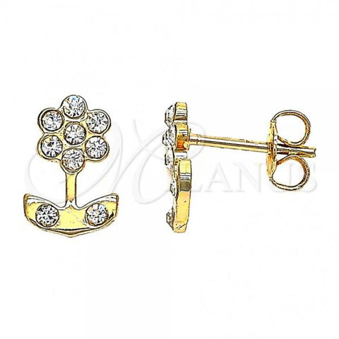 Oro Laminado Stud Earring, Gold Filled Style Flower Design, with White Crystal, Polished, Golden Finish, 02.59.0100
