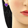 Oro Laminado Stud Earring, Gold Filled Style Heart Design, Purple Enamel Finish, Golden Finish, 02.213.0218.3