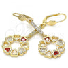 Oro Laminado Long Earring, Gold Filled Style Heart Design, with Garnet and White Cubic Zirconia, Polished, Golden Finish, 02.210.0203