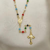 Oro Laminado Thin Rosary, Gold Filled Style Caridad del Cobre and Crucifix Design, with Multicolor Azavache, Polished, Golden Finish, 09.63.0111.18