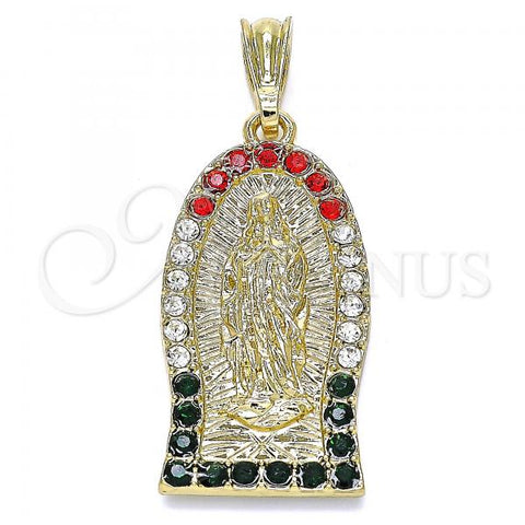 Oro Laminado Religious Pendant, Gold Filled Style Guadalupe Design, with Multicolor Crystal, Polished, Golden Finish, 05.351.0125.2