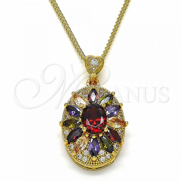 Oro Laminado Pendant Necklace, Gold Filled Style Flower Design, with Multicolor Cubic Zirconia, Polished, Golden Finish, 04.346.0006.1.20