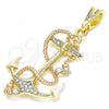 Oro Laminado Fancy Pendant, Gold Filled Style Anchor and Twist Design, with White Crystal, Polished, Tricolor, 05.380.0096