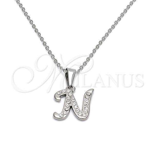 Stainless Steel Pendant Necklace, Initials and Rolo Design, with White Crystal, Polished, Steel Finish, 04.238.0012.1.18
