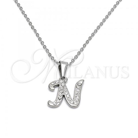 Stainless Steel Pendant Necklace, Initials and Rolo Design, with White Crystal, Polished, Steel Finish, 04.238.0012.1.18