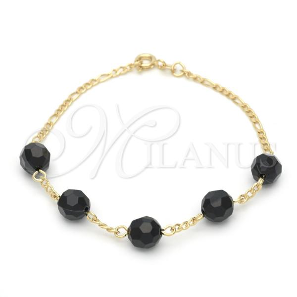 Oro Laminado Fancy Bracelet, Gold Filled Style with Black Azavache, Polished, Golden Finish, 03.02.0051.7