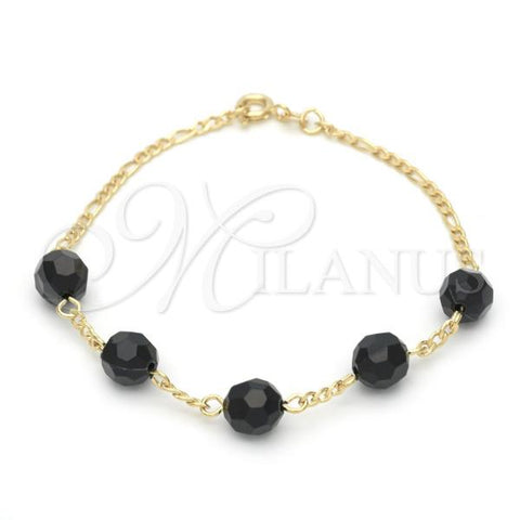 Oro Laminado Fancy Bracelet, Gold Filled Style with Black Azavache, Polished, Golden Finish, 03.02.0051.7