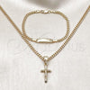 Oro Laminado Necklace and Bracelet, Gold Filled Style Miami Cuban and Crucifix Design, Polished, Golden Finish, 06.63.0269