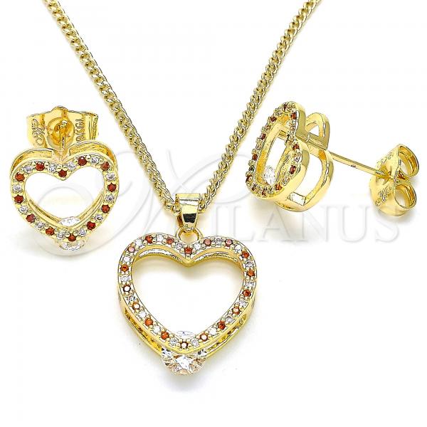 Oro Laminado Earring and Pendant Adult Set, Gold Filled Style Heart Design, with Garnet and White Micro Pave, Polished, Golden Finish, 10.94.0003.1