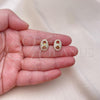 Oro Laminado Stud Earring, Gold Filled Style Puff Mariner Design, with White Micro Pave, Polished, Golden Finish, 02.283.0095