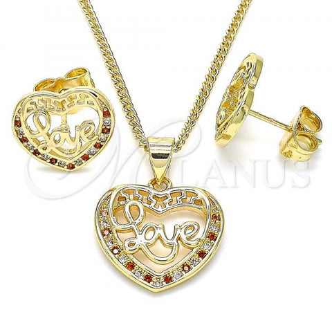 Oro Laminado Earring and Pendant Adult Set, Gold Filled Style Heart and Love Design, with Garnet and White Micro Pave, Polished, Golden Finish, 10.156.0287.1