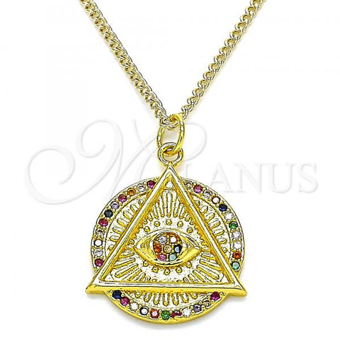 Oro Laminado Pendant Necklace, Gold Filled Style Evil Eye Design, with Multicolor Micro Pave, Polished, Golden Finish, 04.313.0044.20
