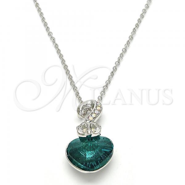 Rhodium Plated Pendant Necklace, Heart Design, with Blue Zircon and Aurore Boreale Swarovski Crystals, Polished, Rhodium Finish, 04.239.0044.8.18