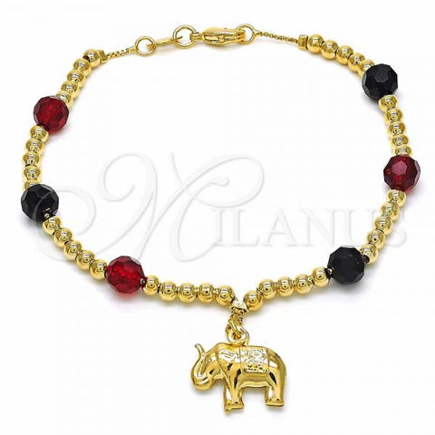 Oro Laminado Charm Bracelet, Gold Filled Style Elephant and Ball Design, with Black Azavache and Ruby Crystal, Polished, Golden Finish, 03.32.0228.07