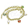 Oro Laminado Charm Bracelet, Gold Filled Style Heart and Butterfly Design, with Multicolor Crystal and Ivory Pearl, Polished, Golden Finish, 03.213.0179.07