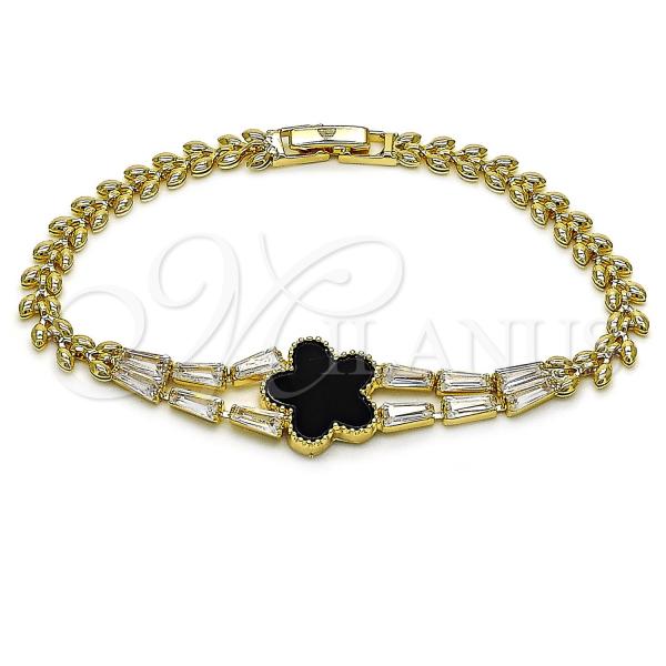 Oro Laminado Fancy Bracelet, Gold Filled Style Flower and Baguette Design, with Black Mother of Pearl and White Cubic Zirconia, Polished, Golden Finish, 03.283.0437.2.07