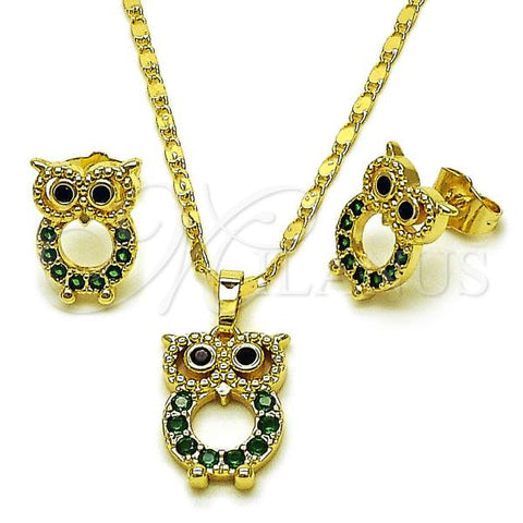 Oro Laminado Earring and Pendant Adult Set, Gold Filled Style Owl Design, with Green and Black Cubic Zirconia, Polished, Golden Finish, 10.196.0175
