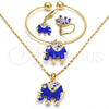 Oro Laminado Necklace, Bracelet and Earring, Gold Filled Style Elephant Design, with White Crystal, Blue Enamel Finish, Golden Finish, 06.63.0182.5.GT