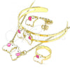 Oro Laminado Necklace, Bracelet, Earring and Ring, Gold Filled Style Elephant Design, Pink Enamel Finish, Golden Finish, 06.361.0027