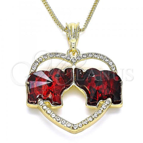 Oro Laminado Pendant Necklace, Gold Filled Style Elephant and Heart Design, with Garnet and White Crystal, Polished, Golden Finish, 04.380.0023.20