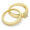 Oro Laminado Wedding Ring, Gold Filled Style Greek Key and Duo Design, with White Cubic Zirconia, Polished, Golden Finish, 01.99.0045.09 (Size 9)