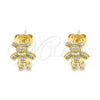 Oro Laminado Stud Earring, Gold Filled Style Teddy Bear Design, with White Micro Pave, Polished, Golden Finish, 02.156.0427