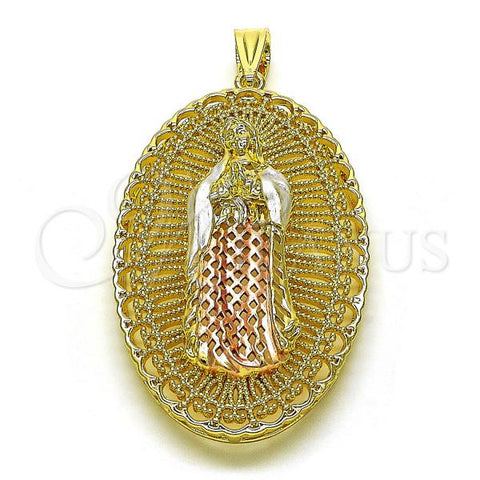 Oro Laminado Religious Pendant, Gold Filled Style Guadalupe Design, Diamond Cutting Finish, Tricolor, 05.411.0009.2
