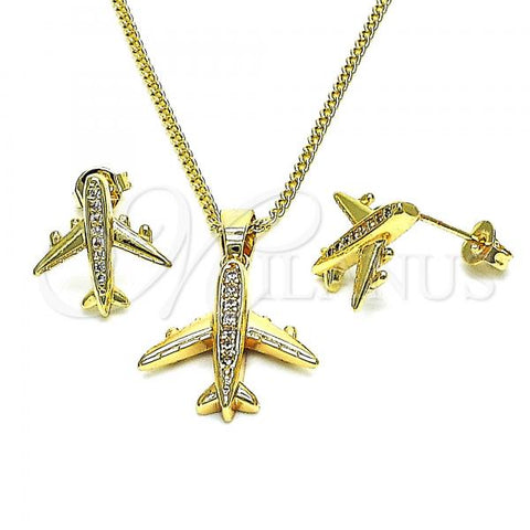 Oro Laminado Earring and Pendant Adult Set, Gold Filled Style Airplane Design, with White Micro Pave, Polished, Golden Finish, 10.193.0001